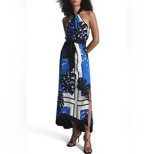 REISS ERIN Royal blue and white palm‎ print halter neck maxi dress size 2.